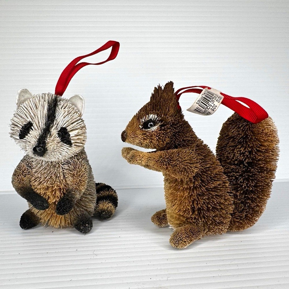Pottery Barn Woodland Raccoon & Squirrel Ornaments Set of 2 Bottle Brush Sisal